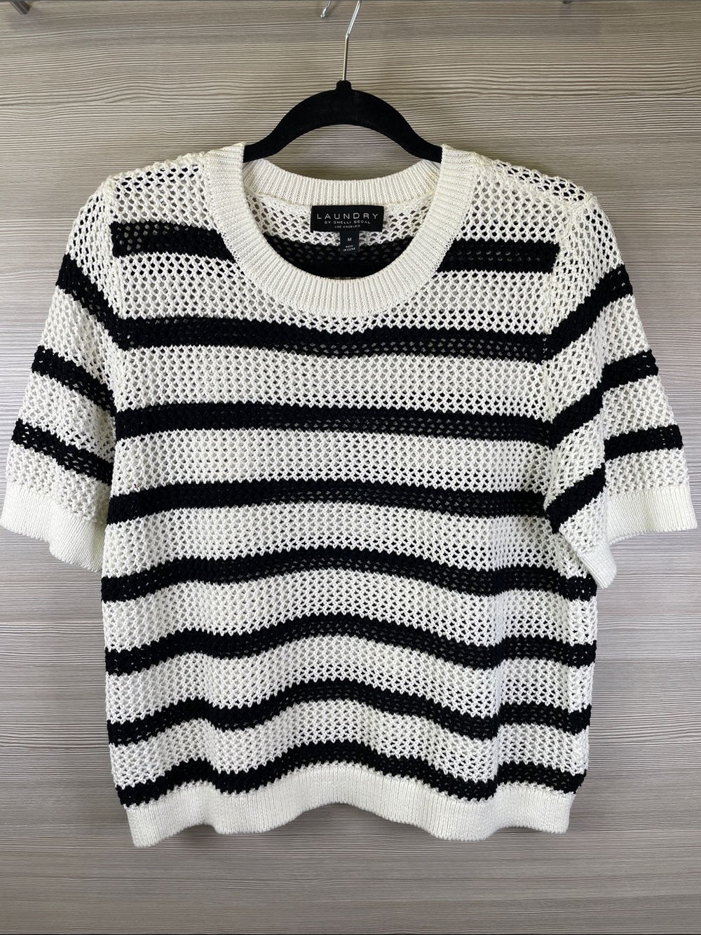 Laundry By Shelli Segal Black & White Striped Open Weave Short Sleeve Sweater